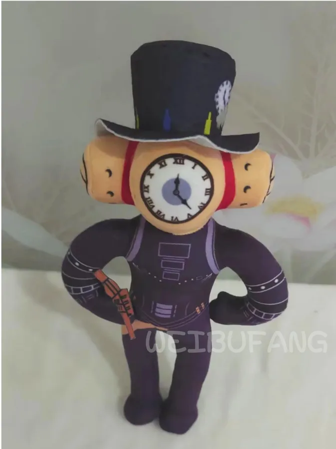 A top-hatted character with a clock face and tailored fabric details.